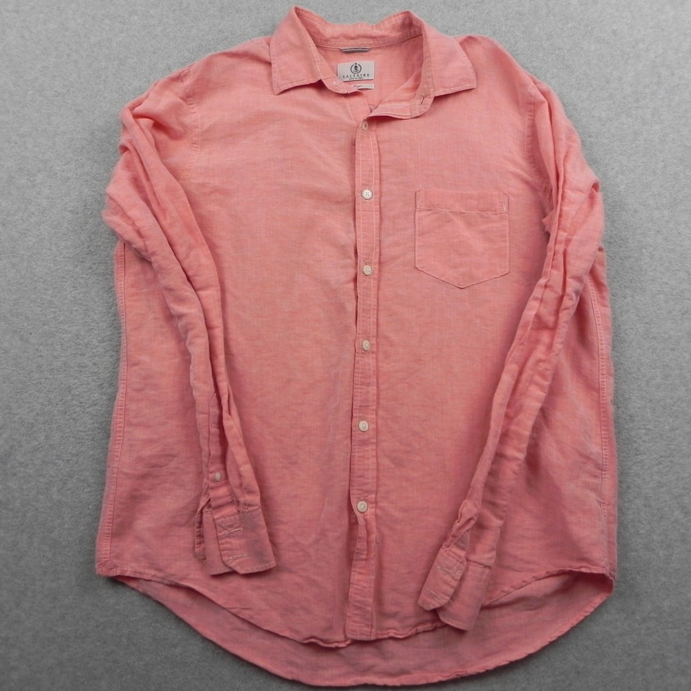 Saltaire Linen Cotton Shirt Mens Large Long Sleeve Button Up Coral Pink Pocket